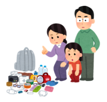 家族で備蓄品を確認しているイラスト